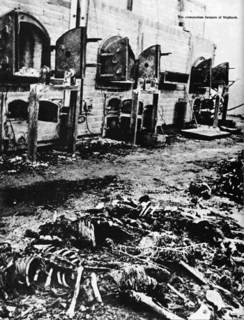 Majdanek Camp, skeletons on front of open cremation furnaces, July 1944