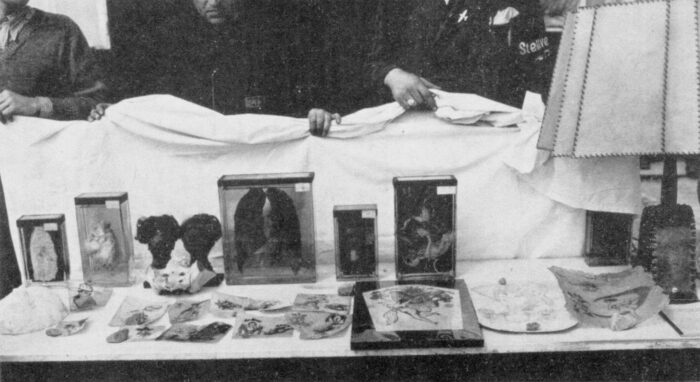 Buchenwald Exhibition Table: Lampshade, Shrunken Heads, Soap,Tatooed Skin
