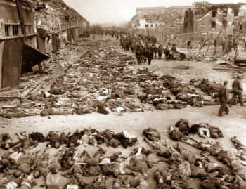 Nordhausen, Boelcke-Kaserne, laid-out corpses, victims of air-raid, April 1945