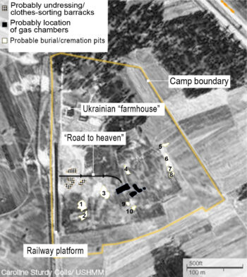 Treblinka, air photo of 1944, overlay with Sturdy Colls labels